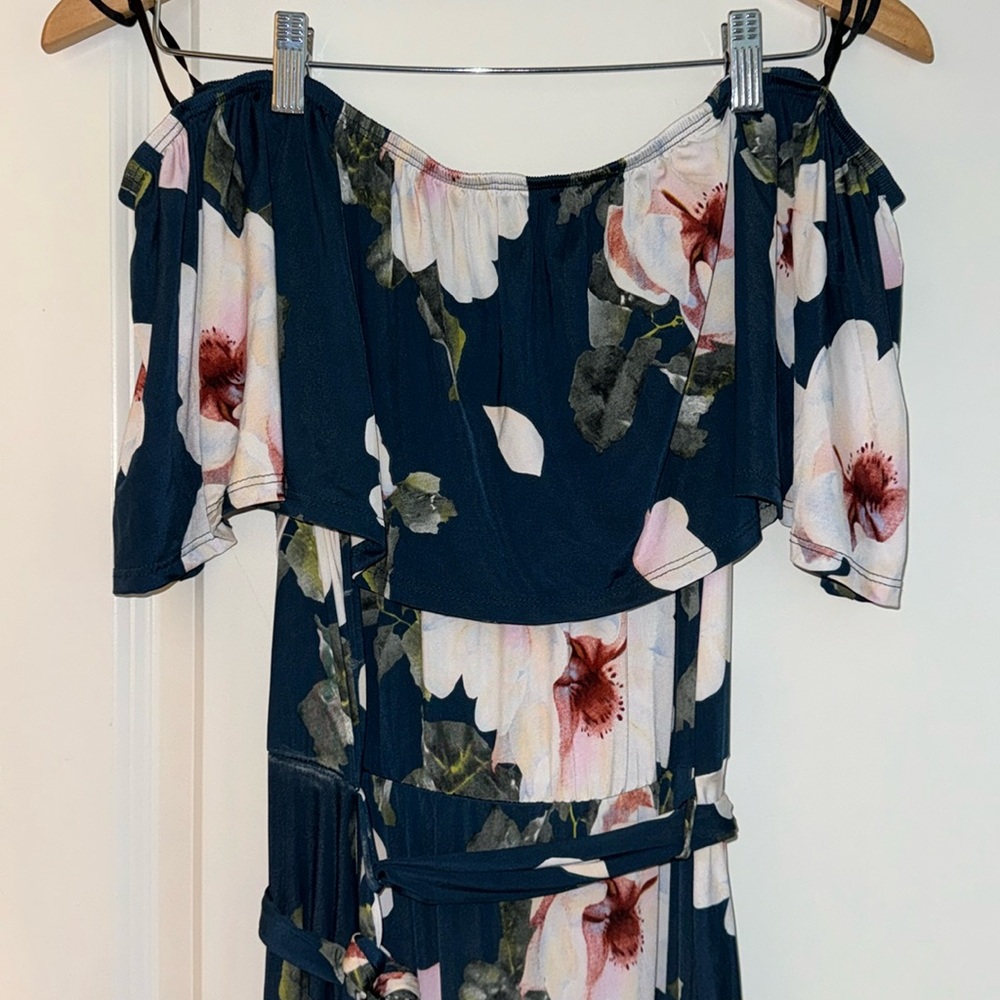 Off the Shoulder Navy Blue Floral Maxi Dress